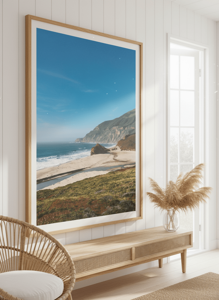 Neutral wall art displayed in a sunny coastal beach house