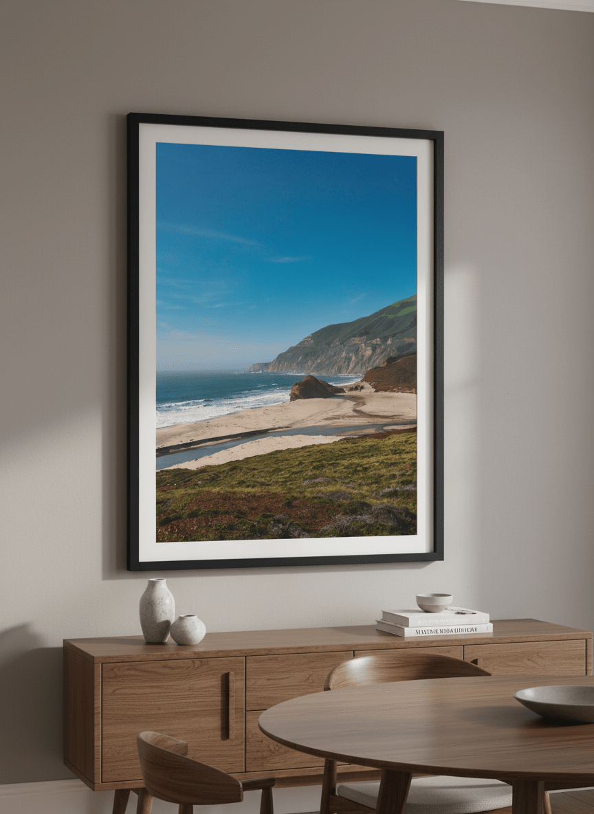 Wall art styled above a dining table in a contemporary home