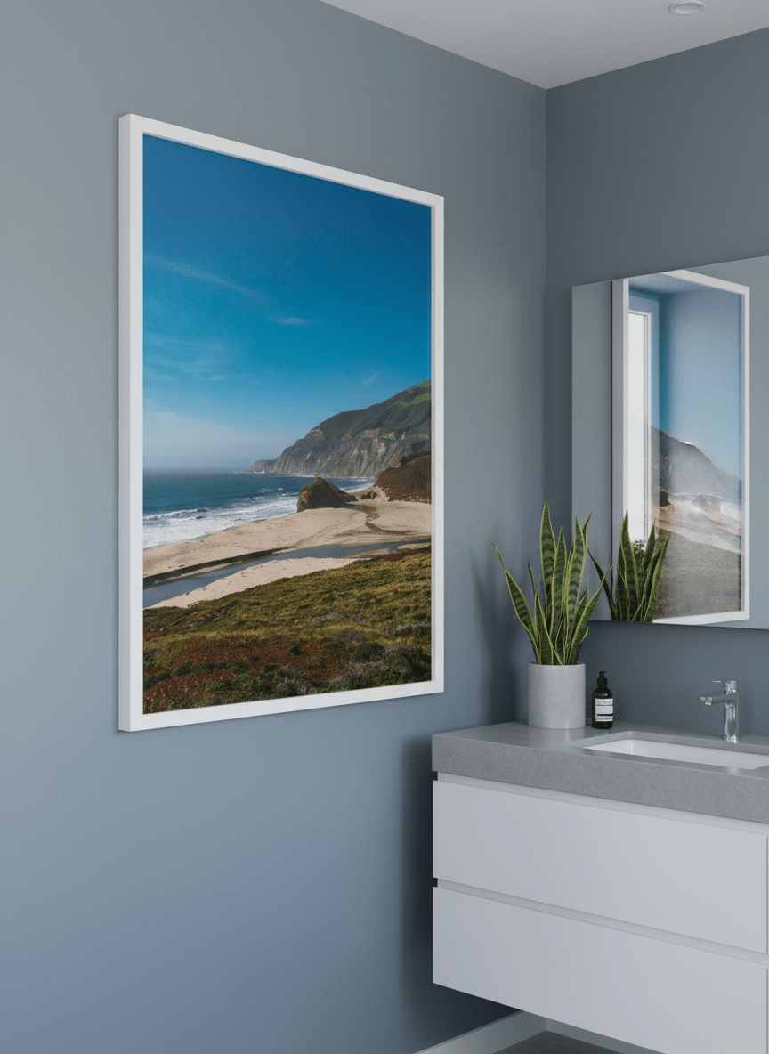 Modern print displayed in a clean minimalist bathroom setting