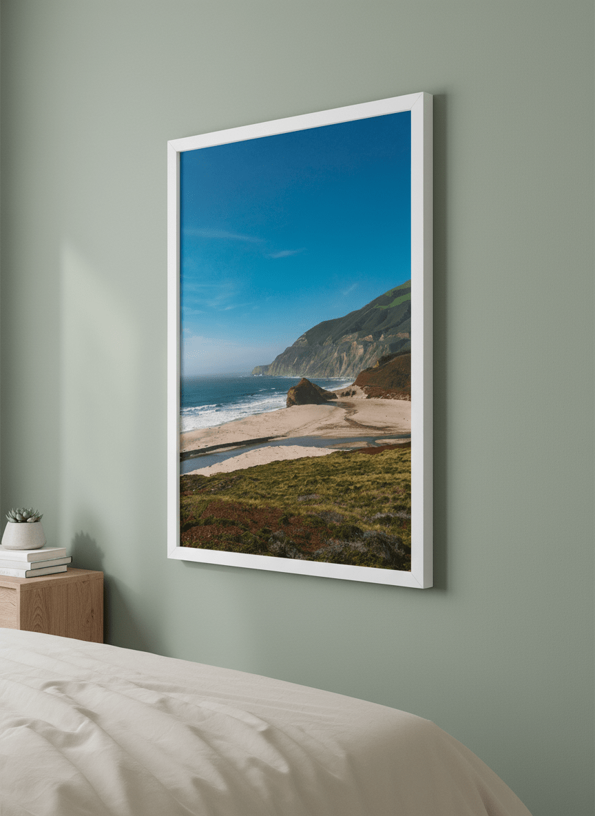 Minimalist artwork displayed in a calm, light-filled bedroom interior