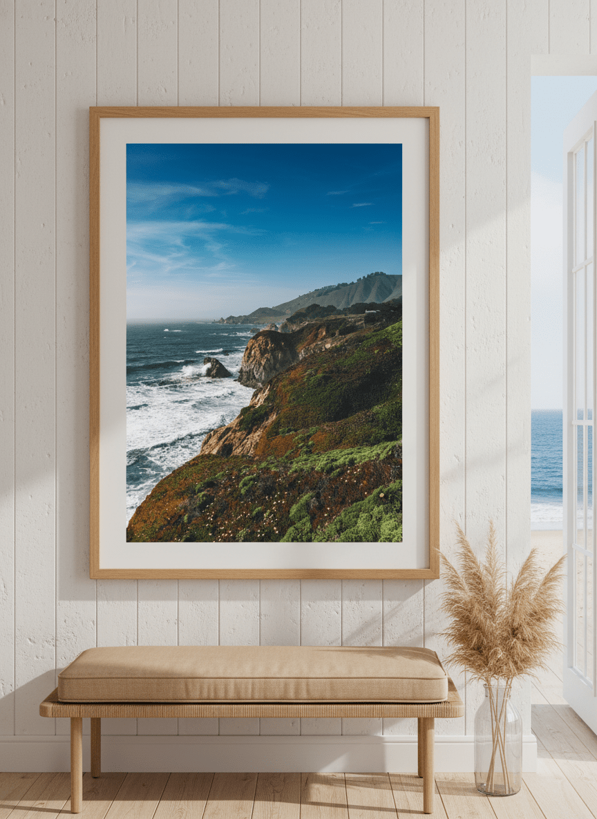 Neutral wall art displayed in a sunny coastal beach house