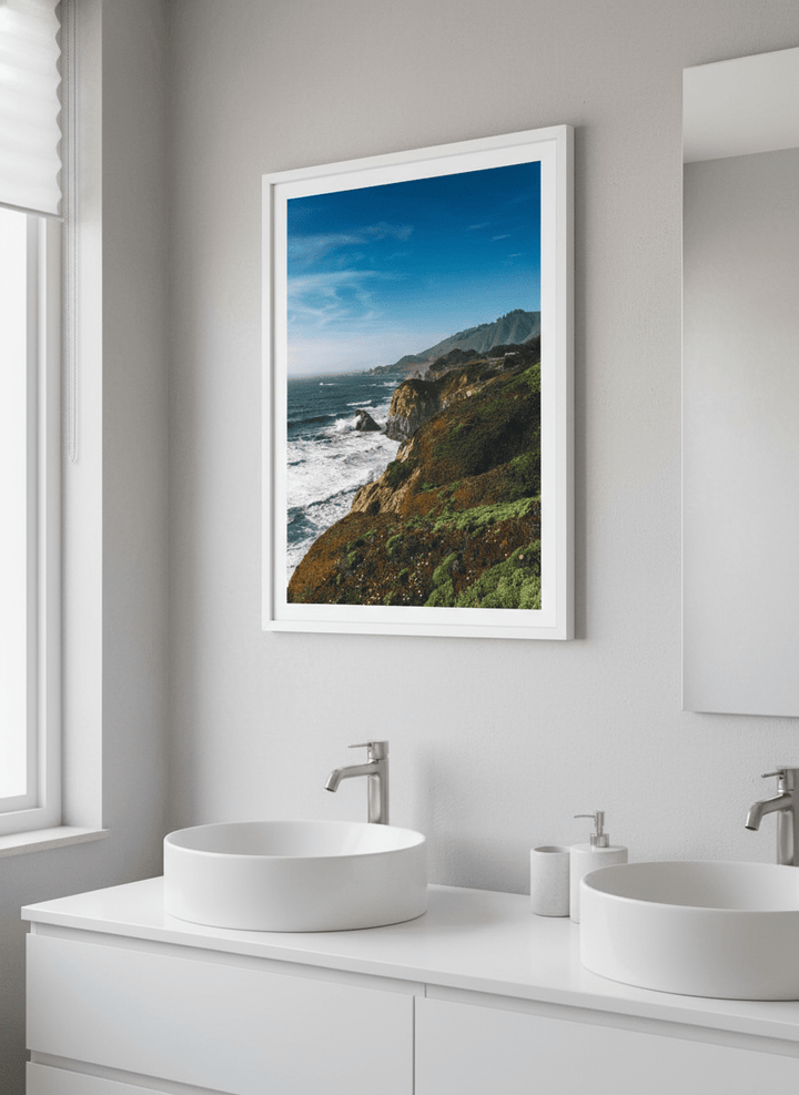 Modern print displayed in a clean minimalist bathroom setting