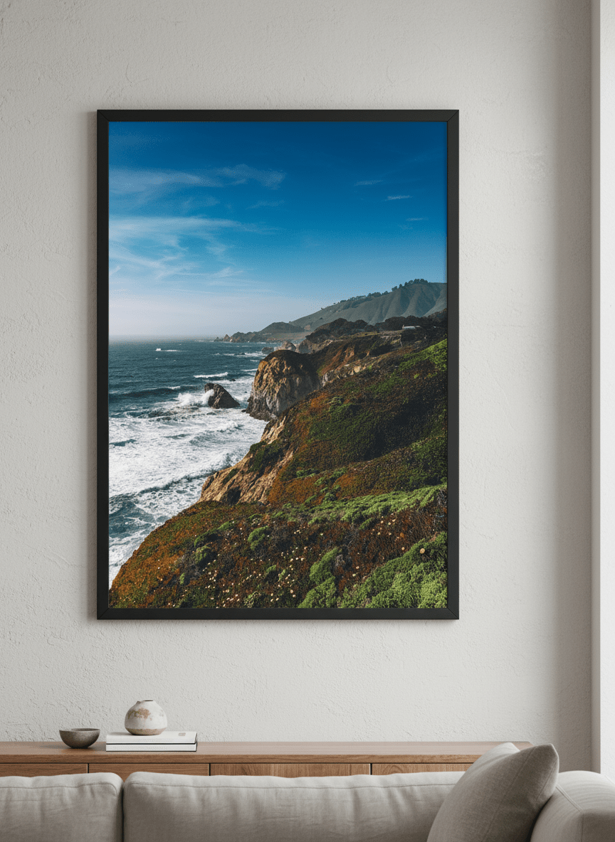 Modern wall art styled above a sofa in a neutral living room