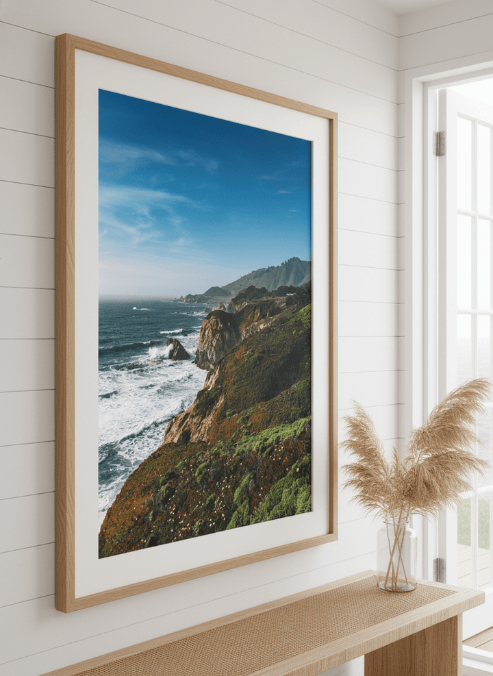 Neutral wall art displayed in a sunny coastal beach house
