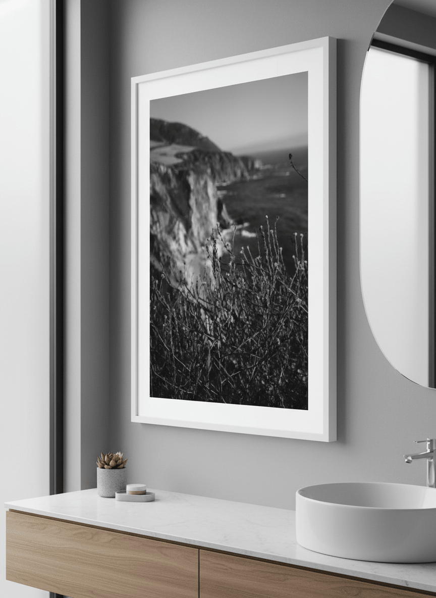 Modern print displayed in a clean minimalist bathroom setting