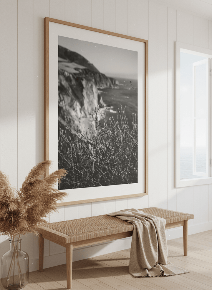 Neutral wall art displayed in a sunny coastal beach house