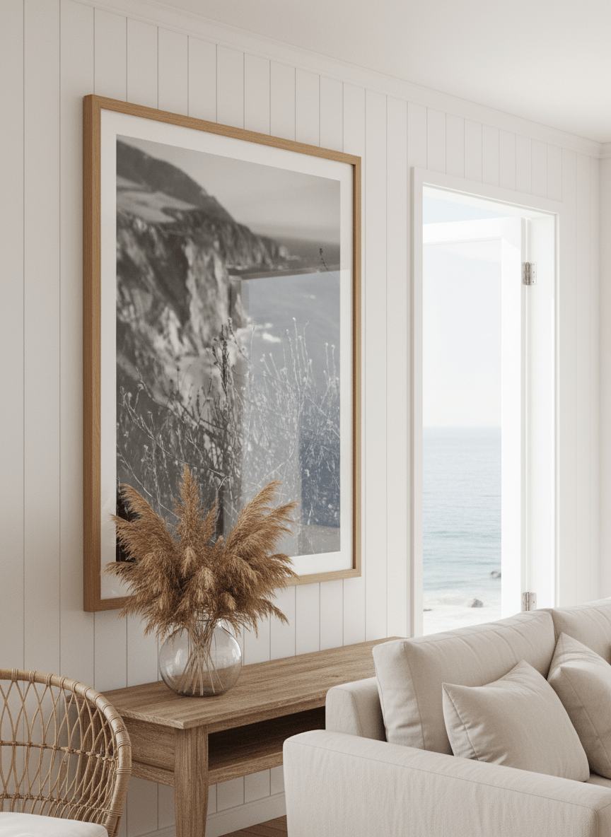 Neutral wall art displayed in a sunny coastal beach house