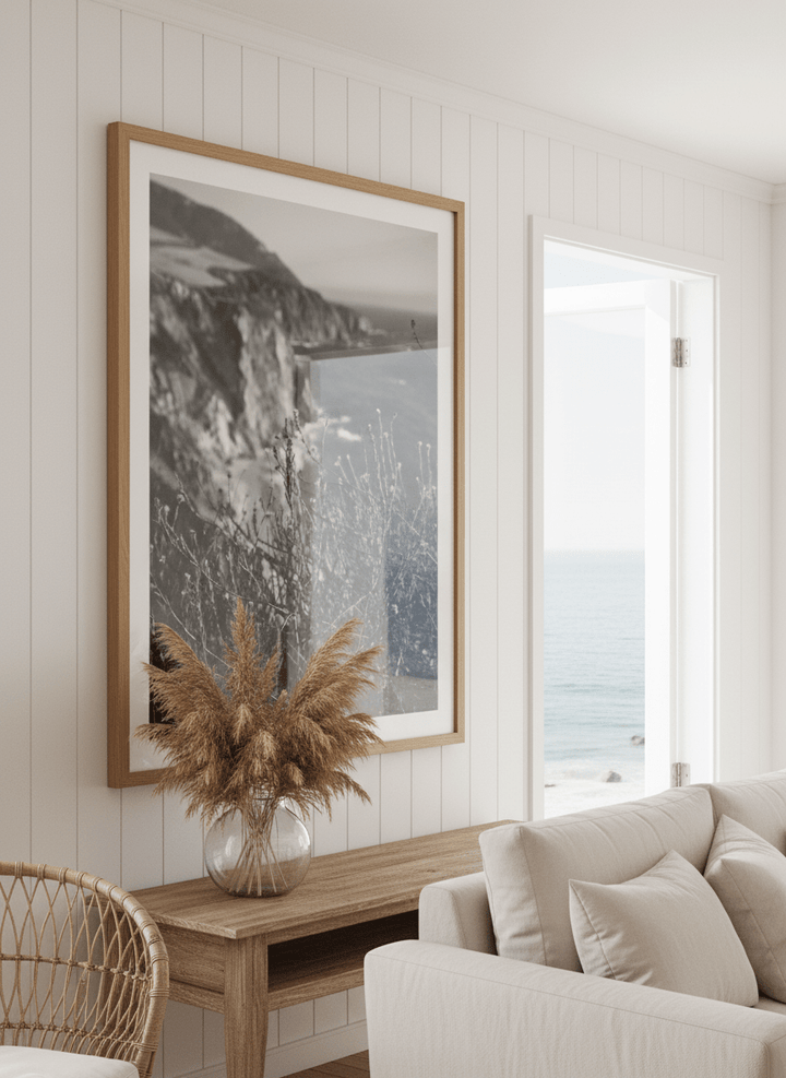 Neutral wall art displayed in a sunny coastal beach house