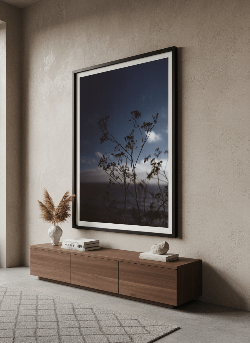 Monumental artwork centred on a feature wall in a luxe interior