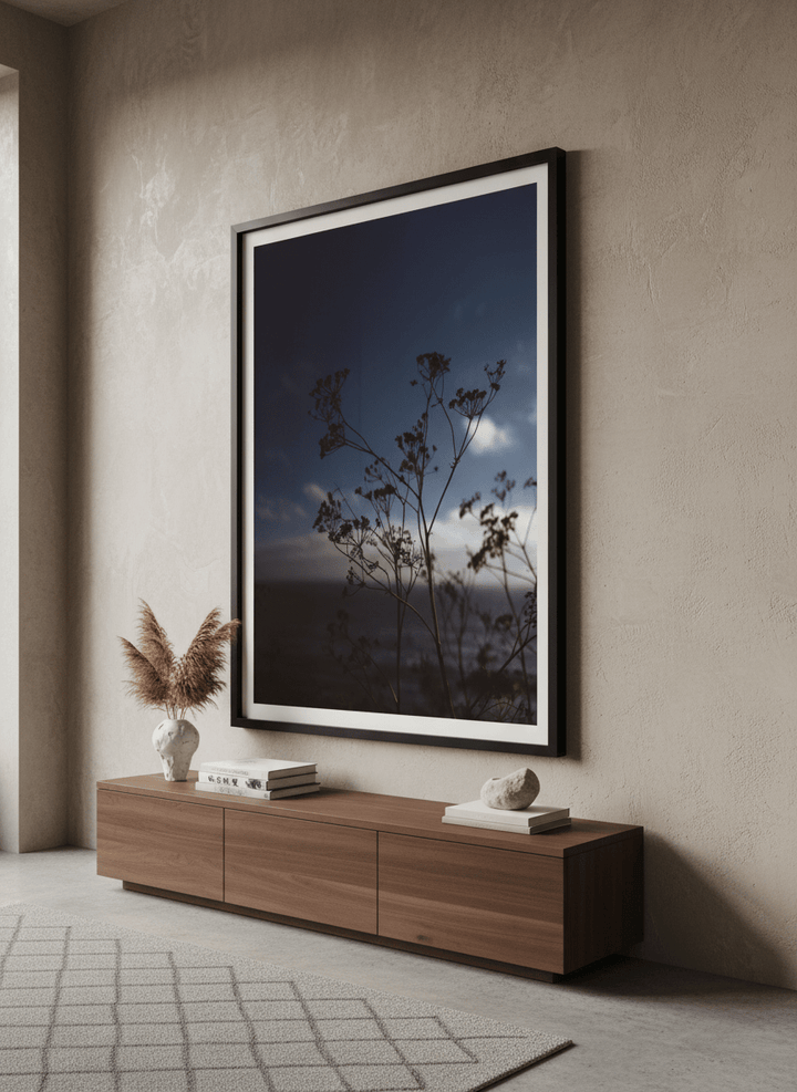 Monumental artwork centred on a feature wall in a luxe interior