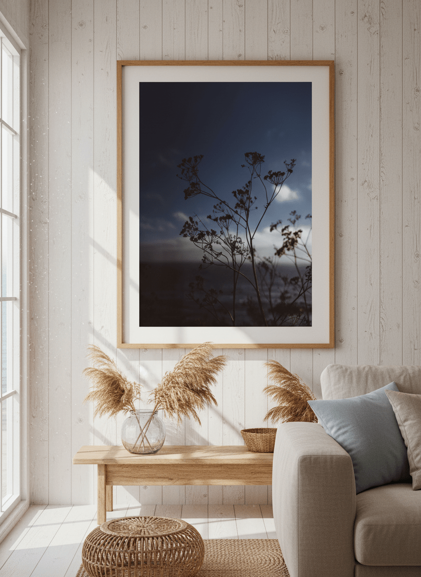 Neutral wall art displayed in a sunny coastal beach house