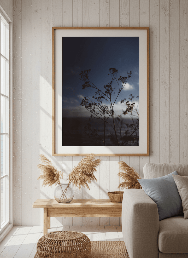Neutral wall art displayed in a sunny coastal beach house