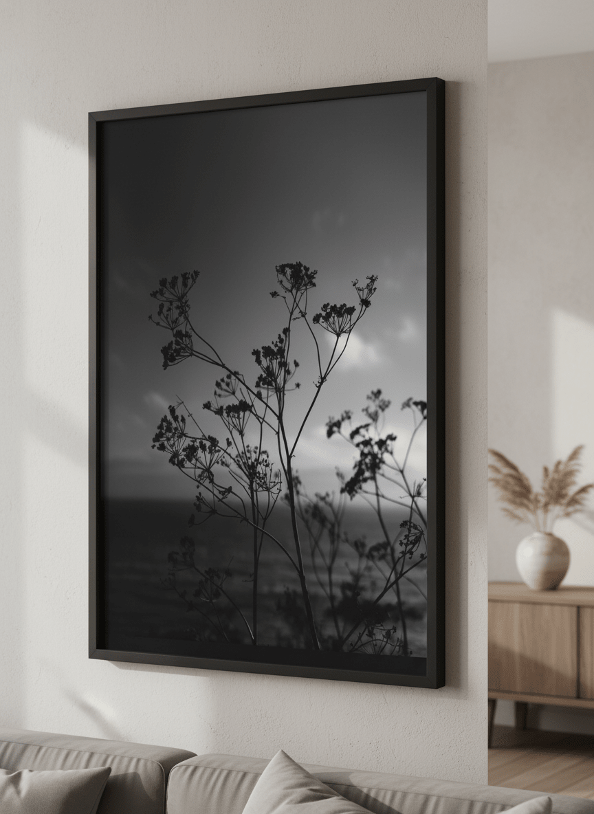 Modern wall art styled above a sofa in a neutral living room