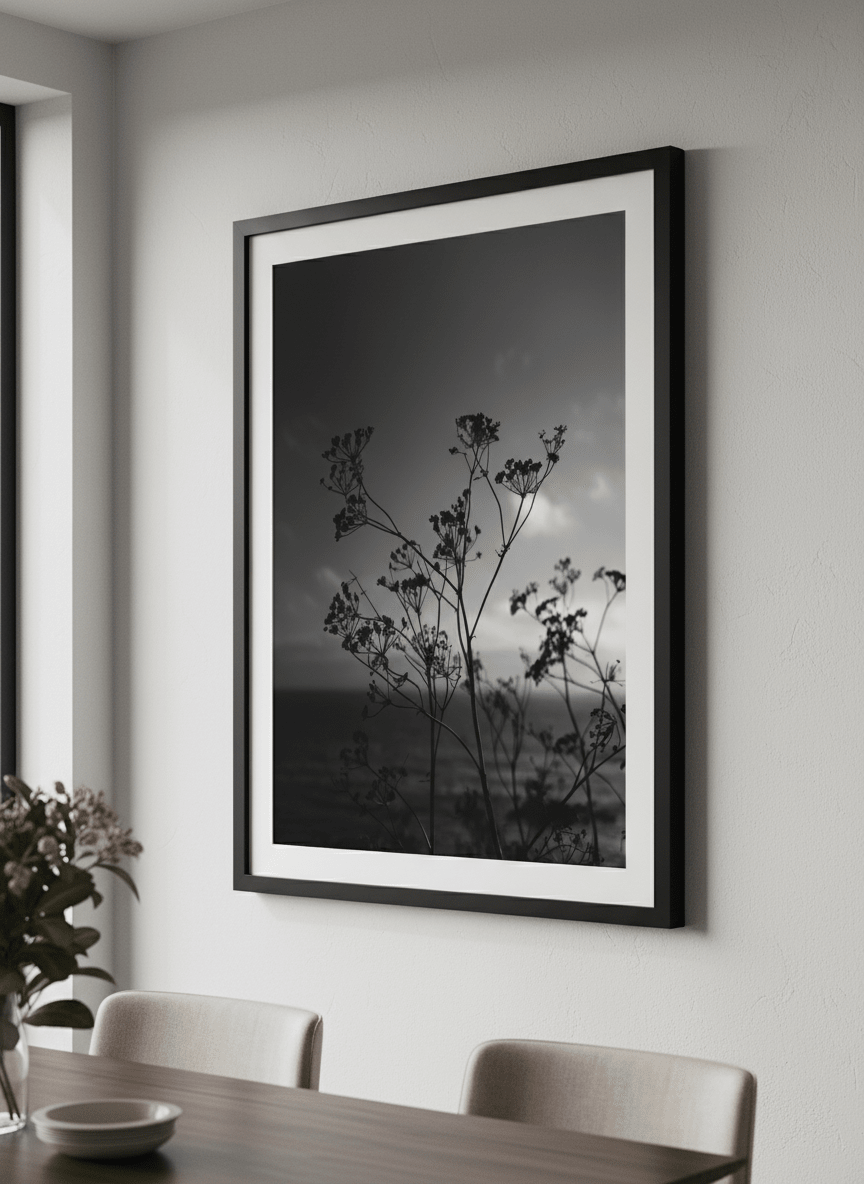 Wall art styled above a dining table in a contemporary home