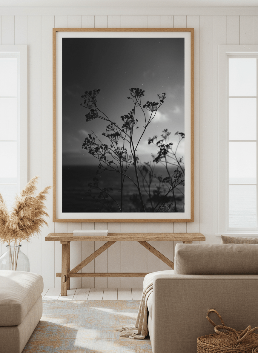 Neutral wall art displayed in a sunny coastal beach house