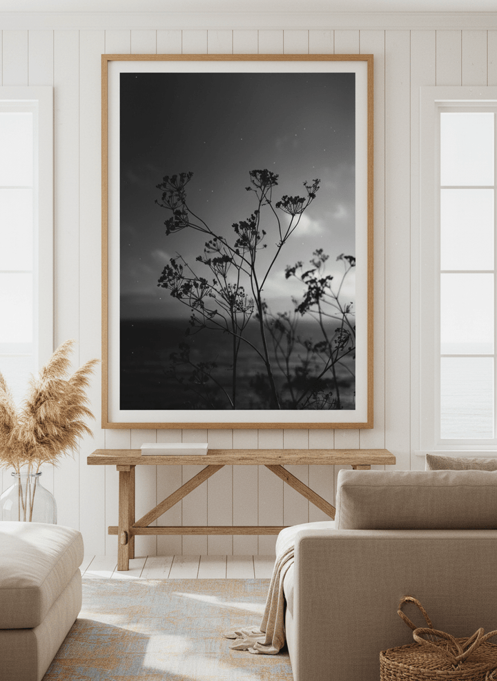Neutral wall art displayed in a sunny coastal beach house