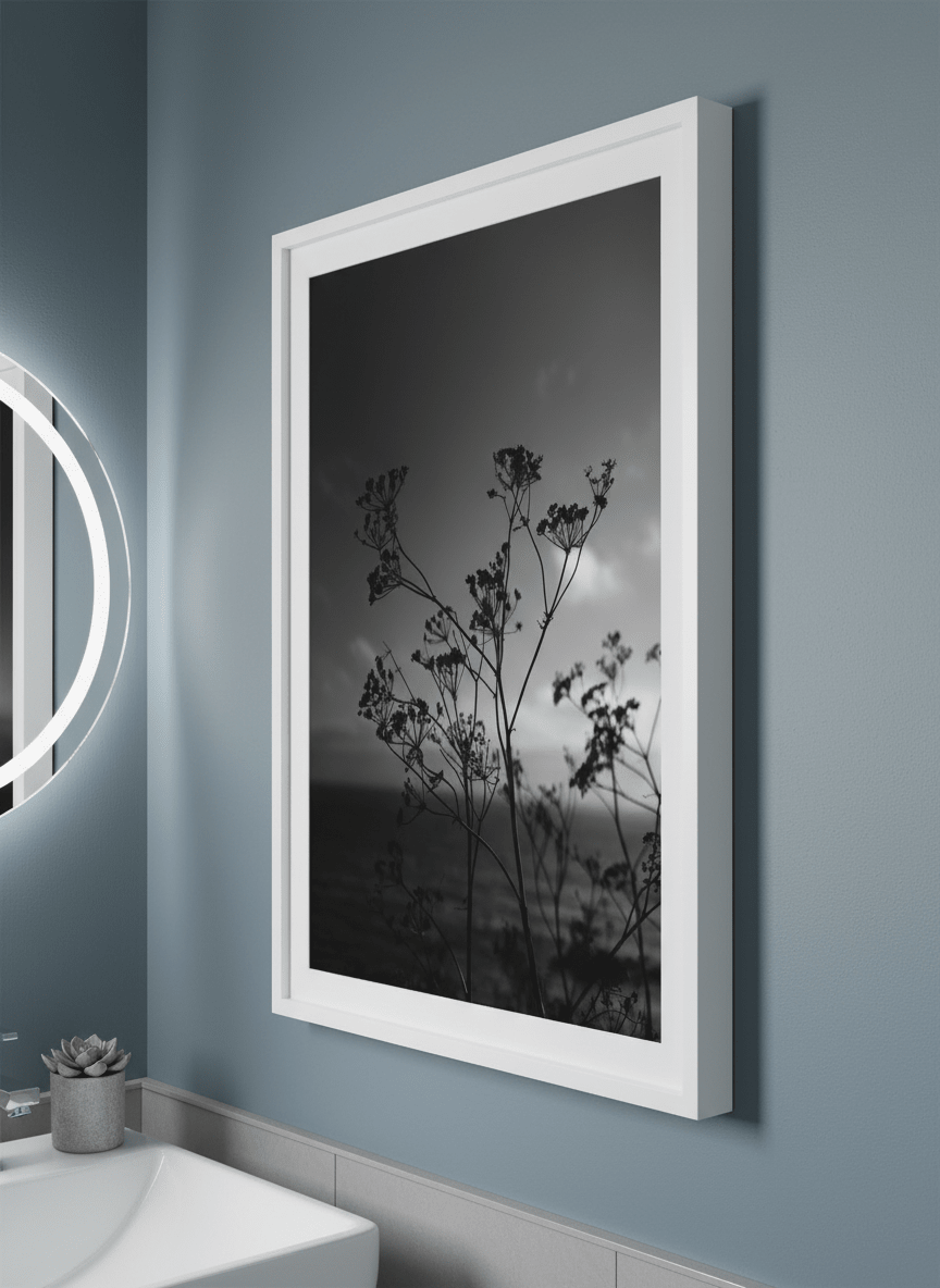 Modern print displayed in a clean minimalist bathroom setting