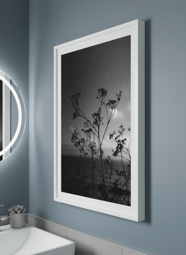 Modern print displayed in a clean minimalist bathroom setting