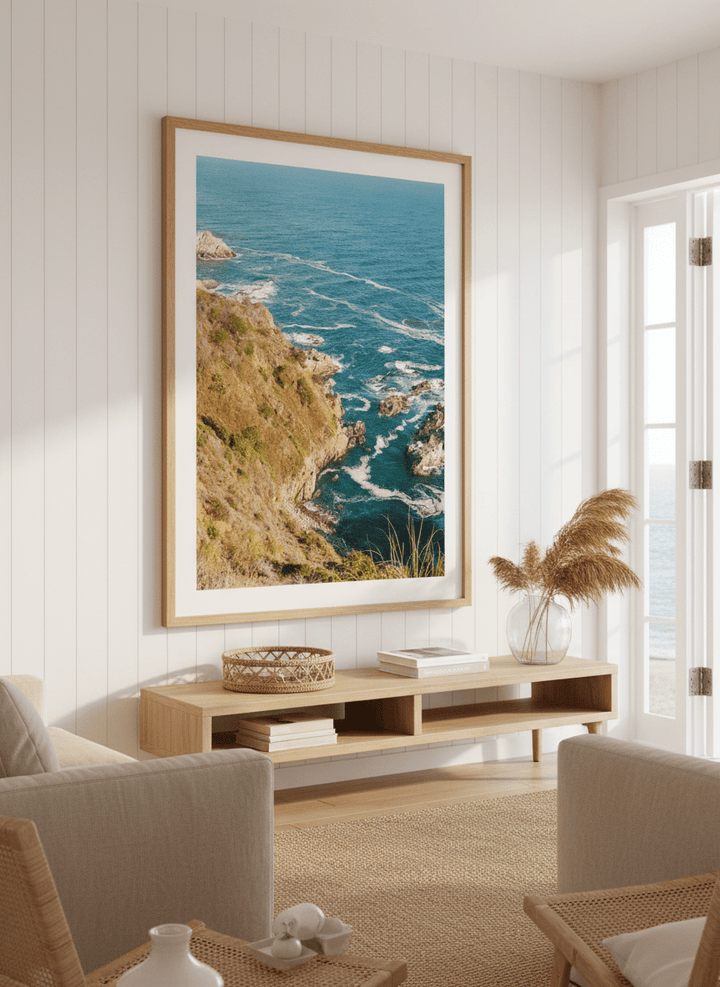 Neutral wall art displayed in a sunny coastal beach house