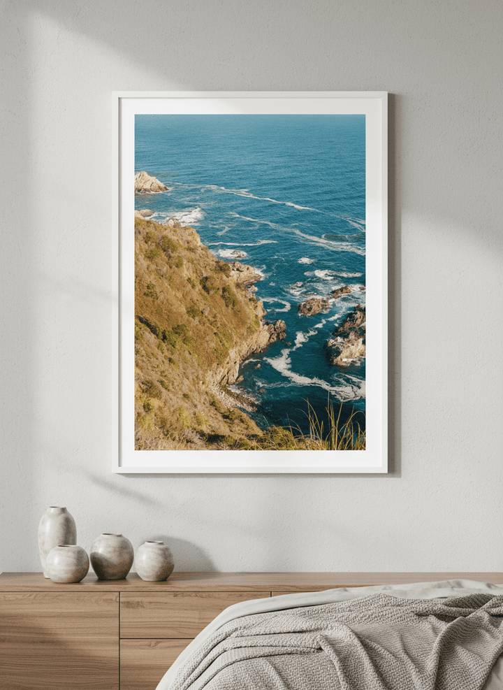 Minimalist artwork displayed in a calm, light-filled bedroom interior