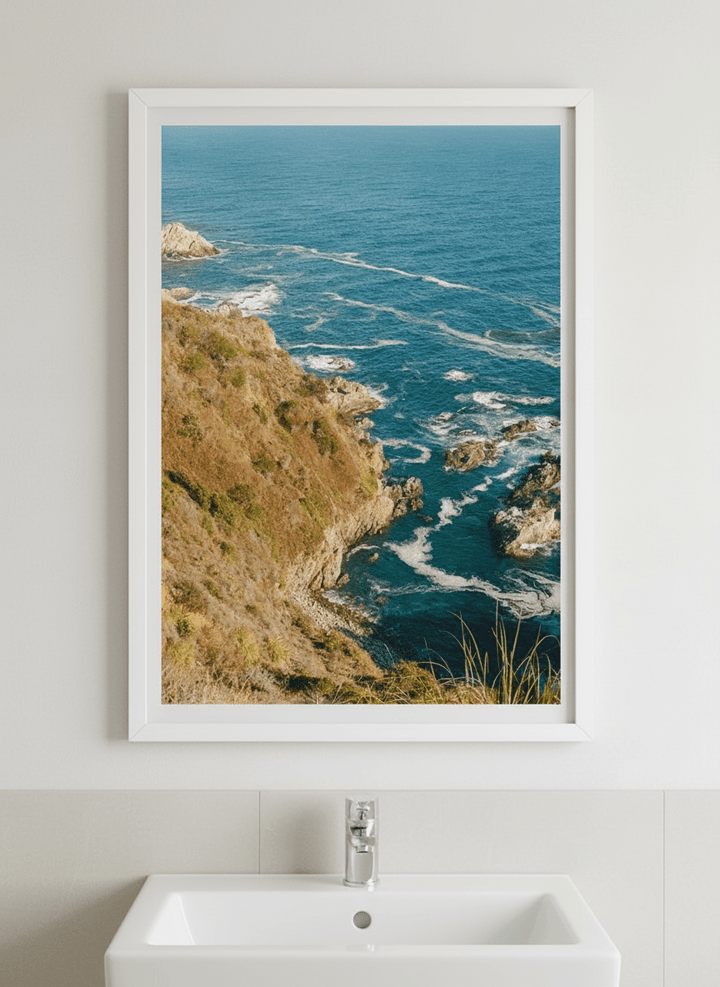 Modern print displayed in a clean minimalist bathroom setting