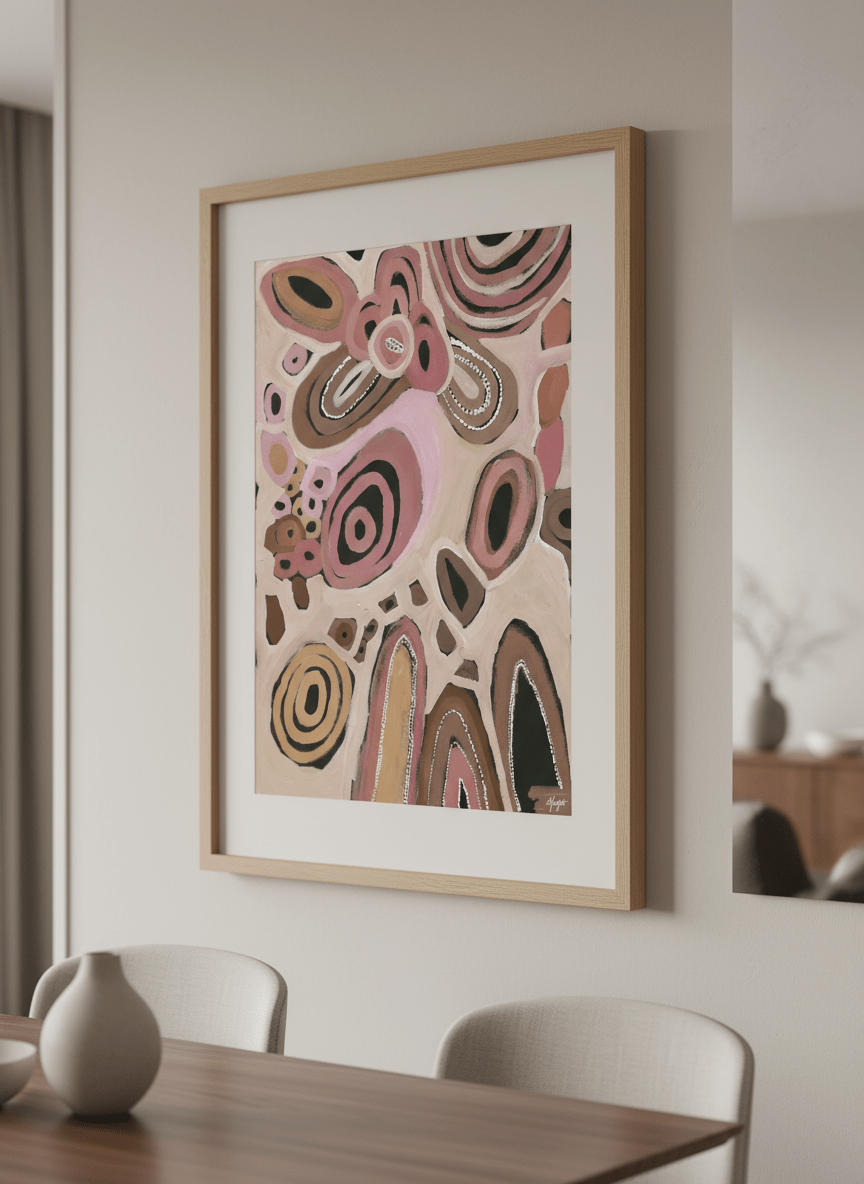 Wall art styled above a dining table in a contemporary home