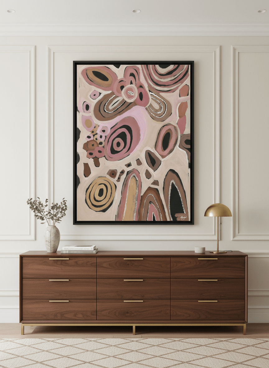 Monumental artwork centred on a feature wall in a luxe interior