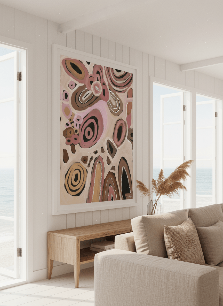 Neutral wall art displayed in a sunny coastal beach house