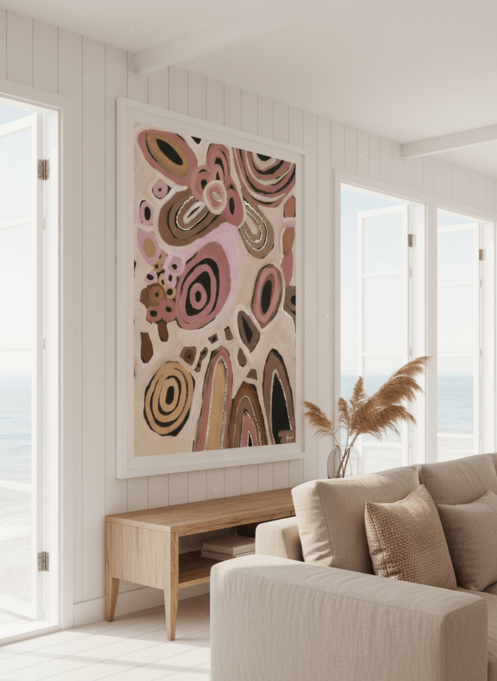 Neutral wall art displayed in a sunny coastal beach house