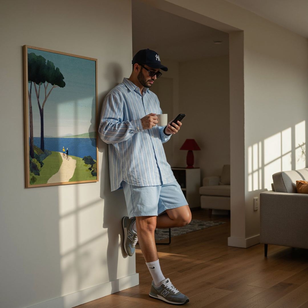 Man in a living room using a smartphone and holding a cup.