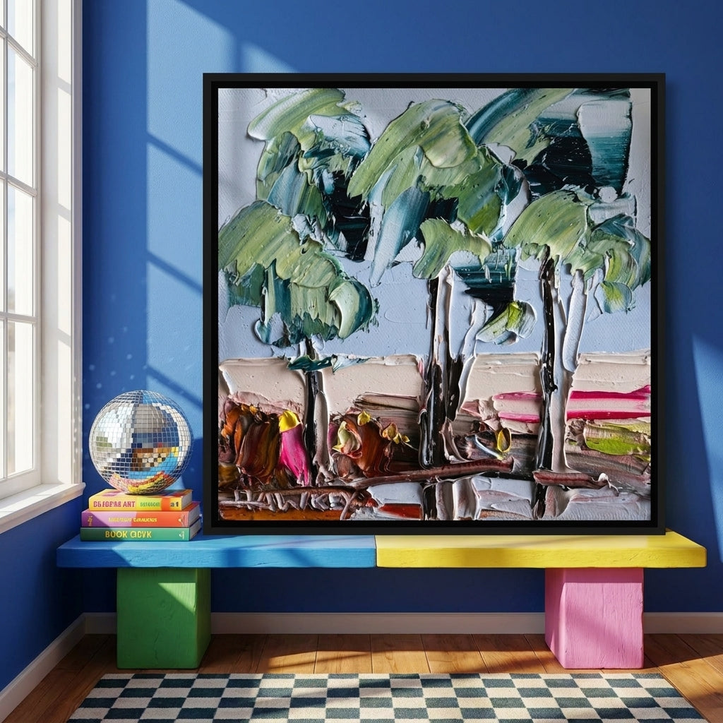 Canvas wall art with a black surround standing on a side table in a colourful eclectic dining room