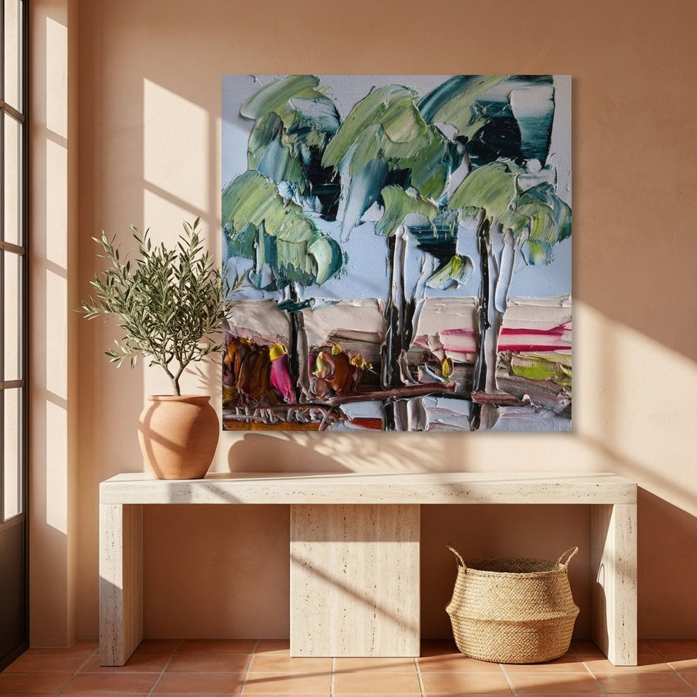 Stretched canvas wall art styled on the wall in a Mediterranean living room