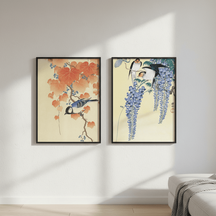 Bird and Swallow Set of 2 Japanese Woodblock Prints by Ohara Koson wall - art - picture - poster