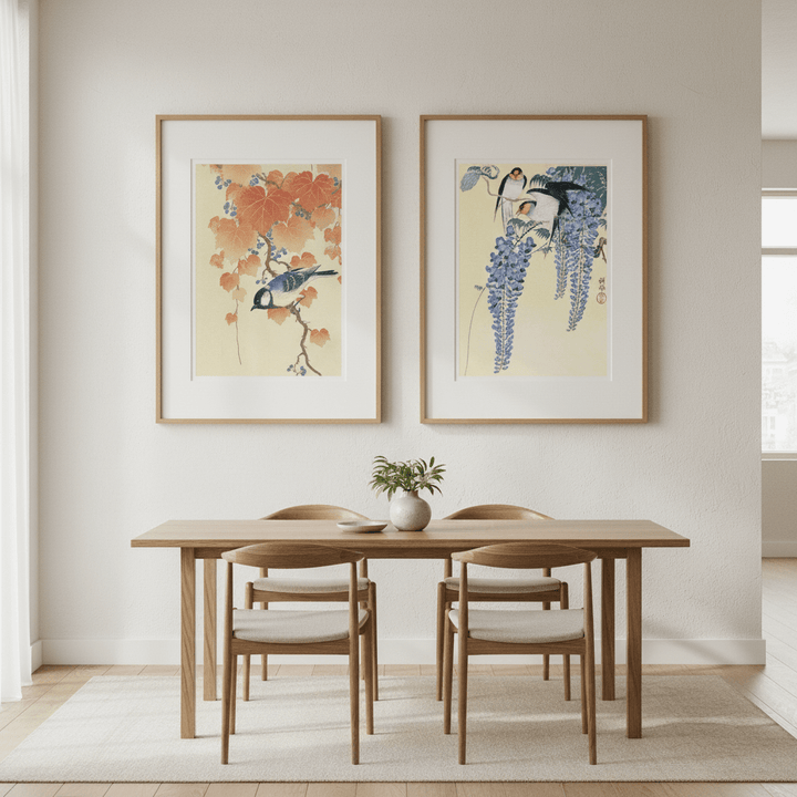 Bird and Swallow Set of 2 Japanese Woodblock Prints by Ohara Koson wall - art - picture - poster