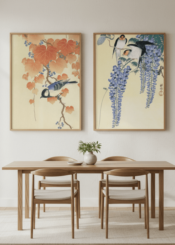 Bird and Swallow Set of 2 Japanese Woodblock Prints by Ohara Koson
