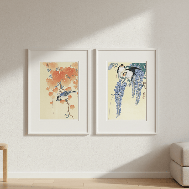 Bird and Swallow Set of 2 Japanese Woodblock Prints by Ohara Koson wall - art - picture - poster