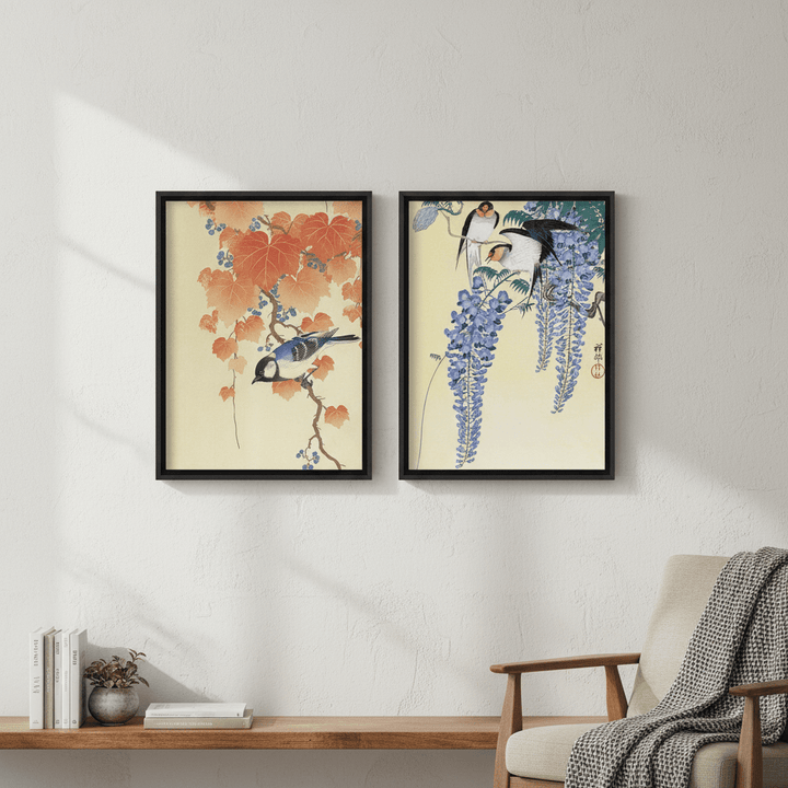 Bird and Swallow Set of 2 Japanese Woodblock Prints by Ohara Koson wall - art - picture - poster