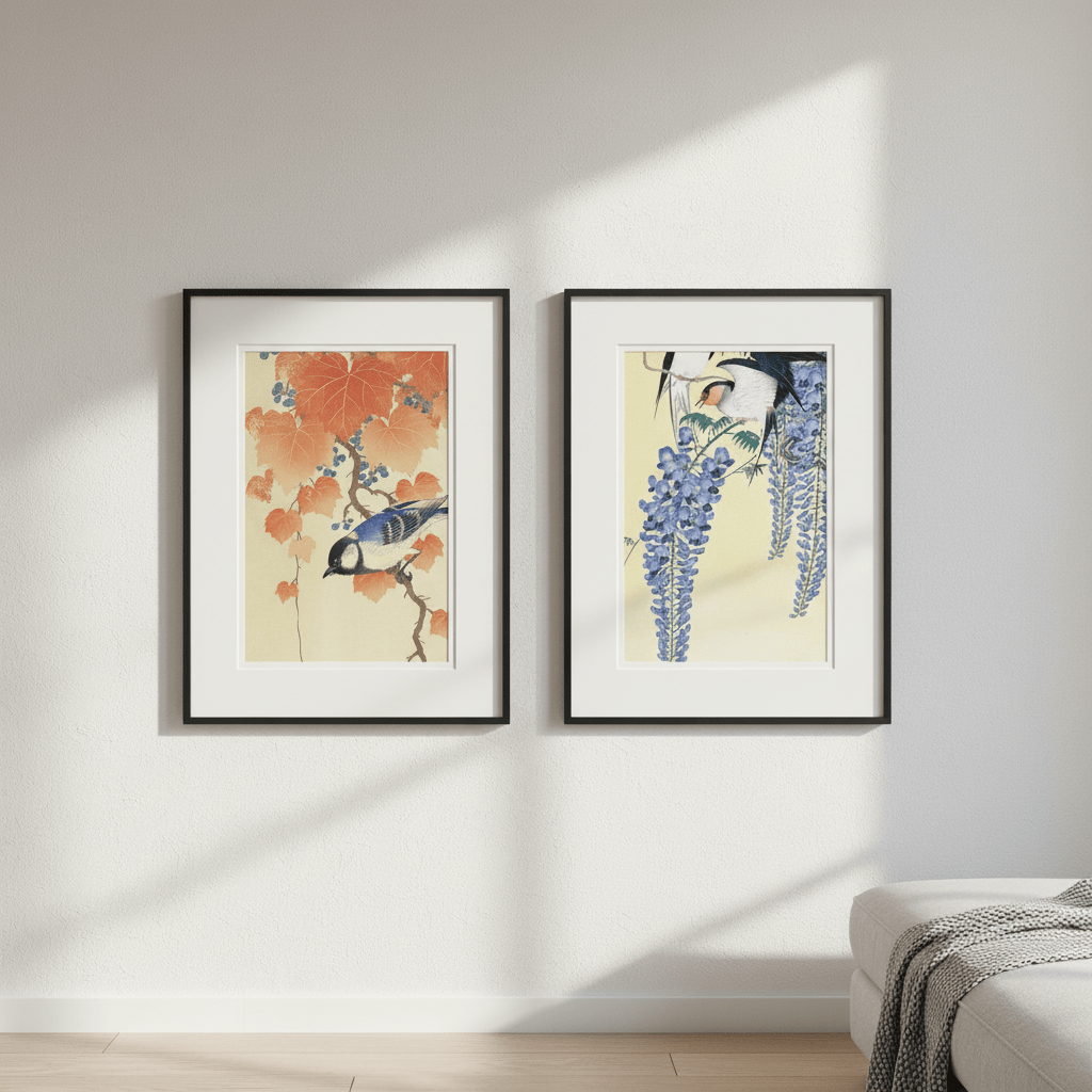 Bird and Swallow Set of 2 Japanese Woodblock Prints by Ohara Koson wall - art - picture - poster