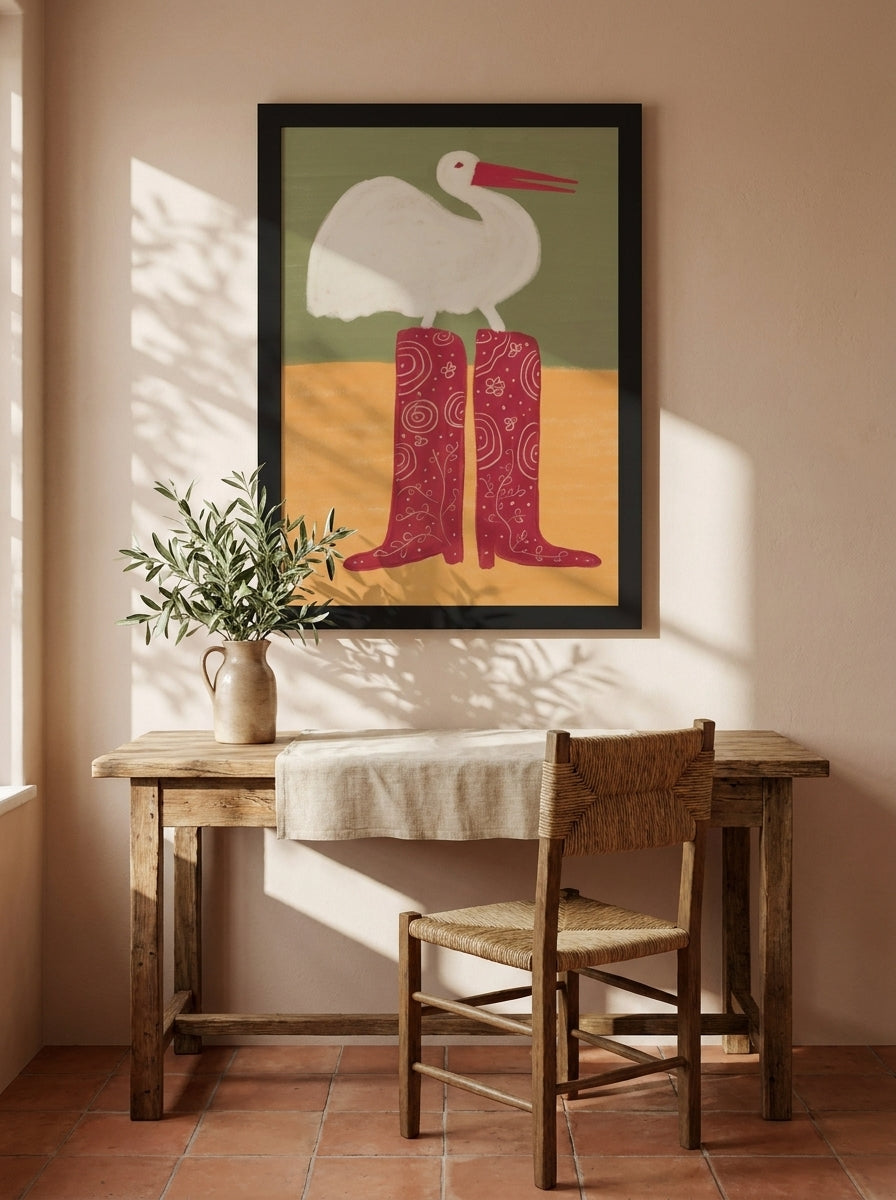 Modern wall art print styled on the wall in a Mediterranean home office