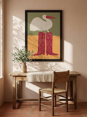 Modern wall art print styled on the wall in a Mediterranean home office