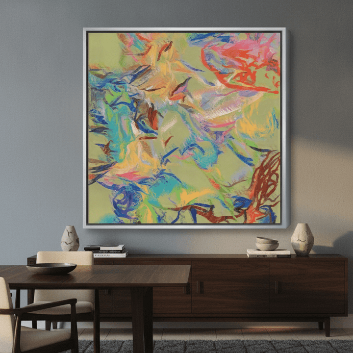 Oversized statement canvas wall art with a silver leaf surround styled in a luxe interior