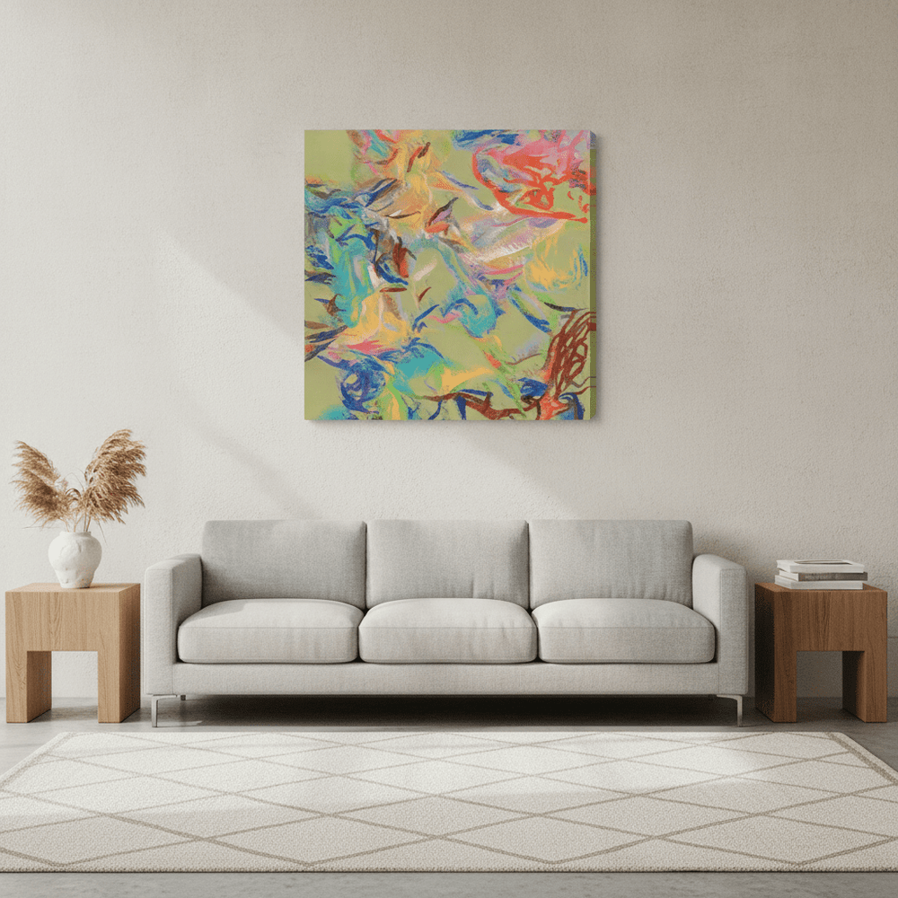 Stretched canvas wall art styled in a neutral living room