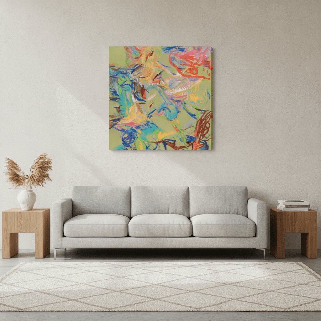 Stretched canvas wall art styled in a neutral living room