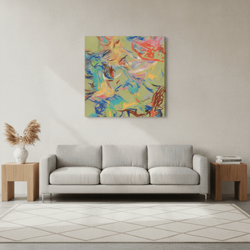 Stretched canvas wall art styled in a neutral living room