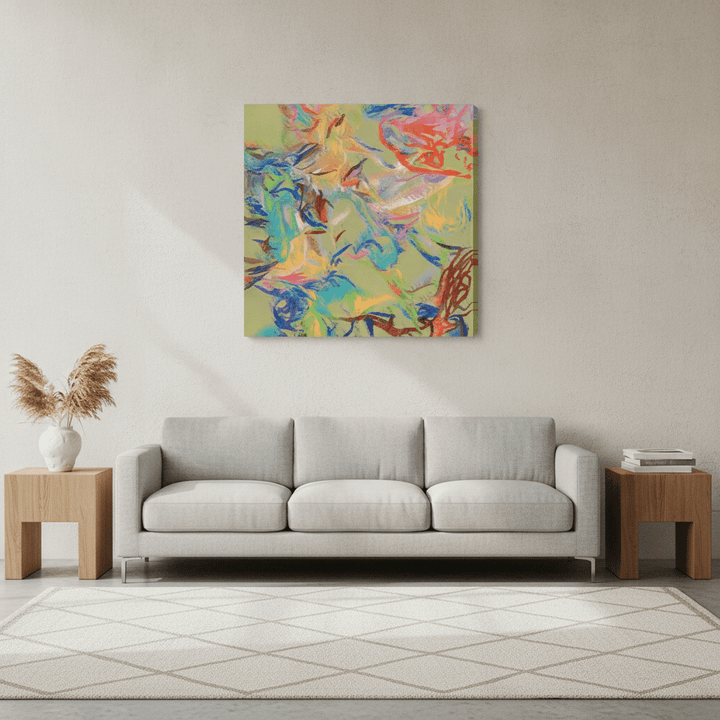 Stretched canvas wall art styled in a neutral living room