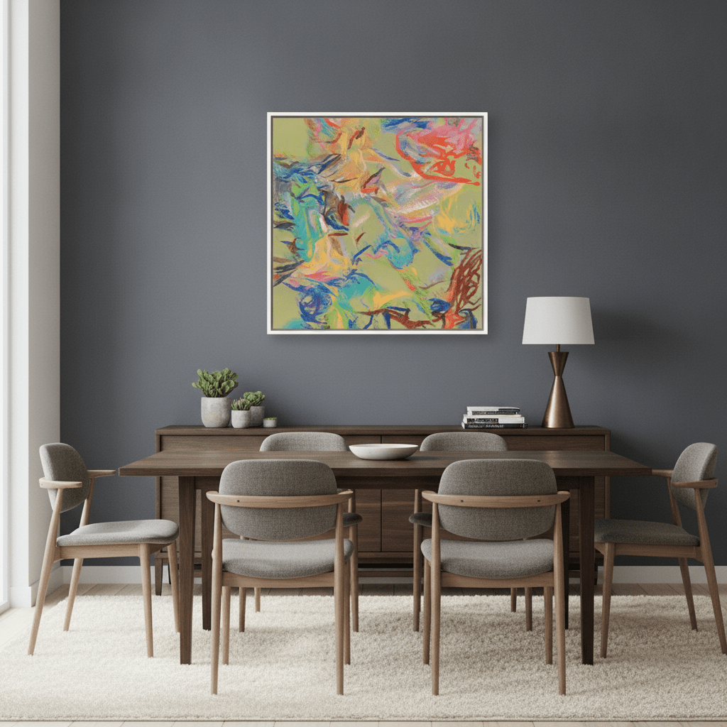 Canvas wall art with a white surround styled in a contemporary dining room
