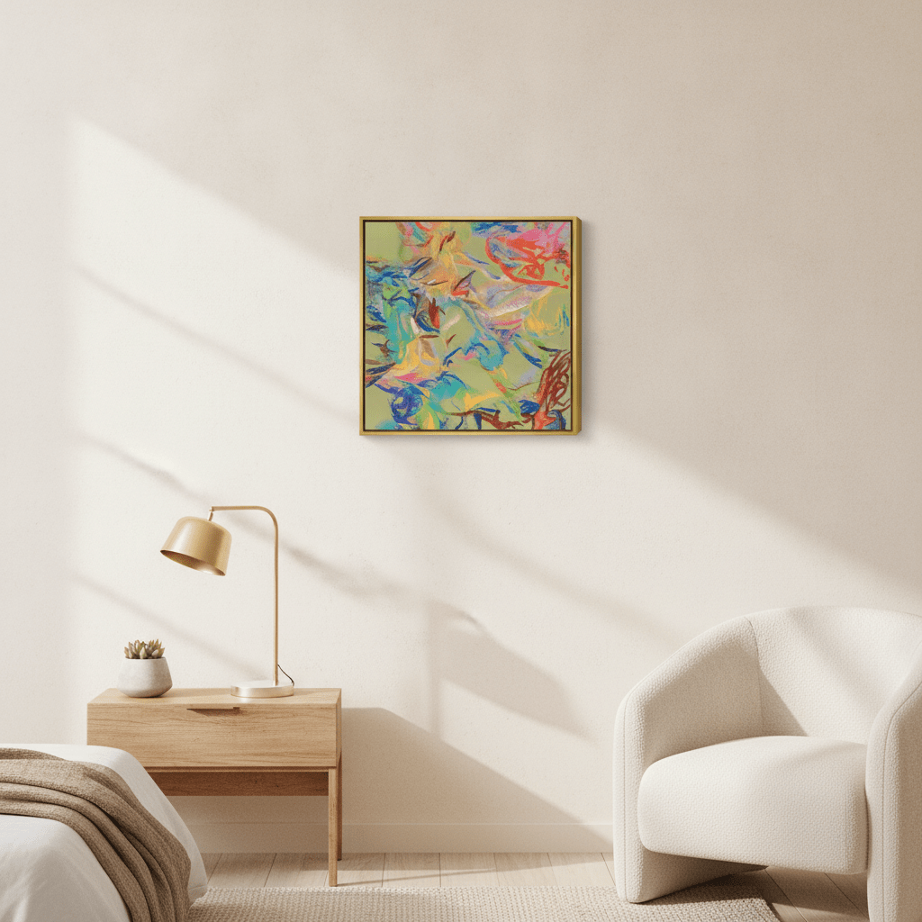 Canvas wall art with a gold leaf surround styled in a calm, light-filled bedroom