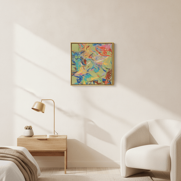 Canvas wall art with a gold leaf surround styled in a calm, light-filled bedroom