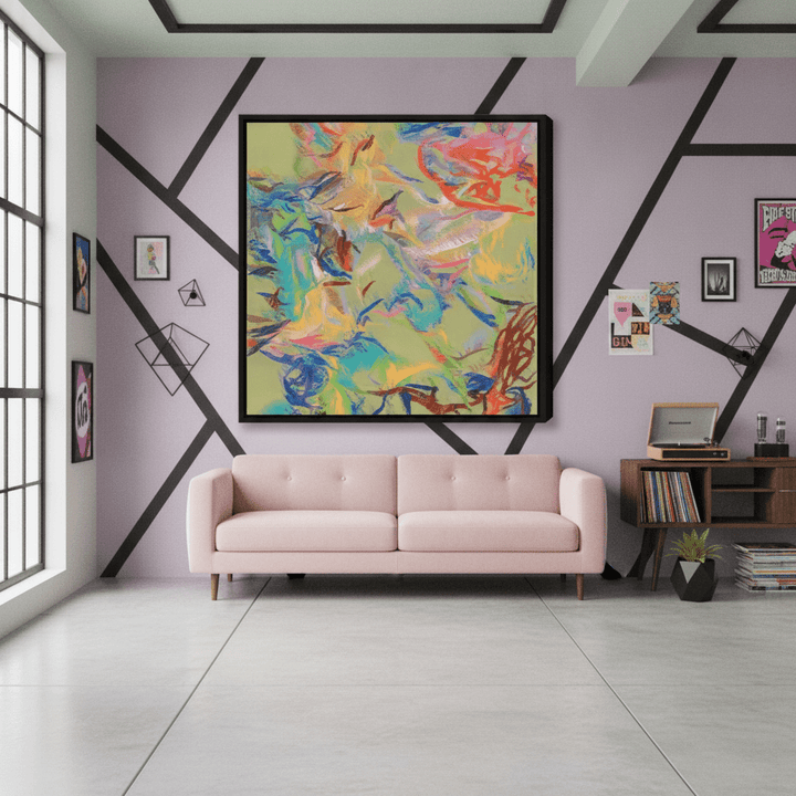Oversized statement canvas wall art with a black surround styled in a colourful, eclectic modern home
