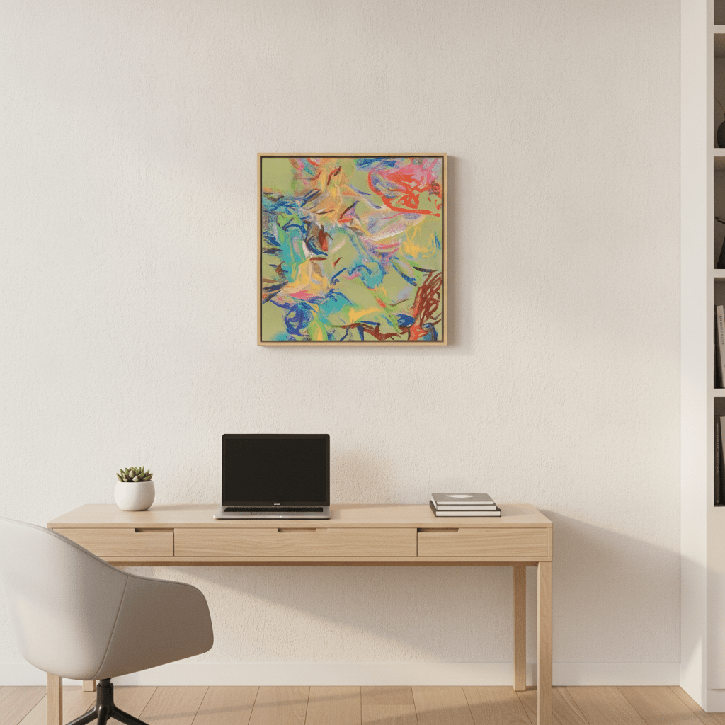 Canvas wall art with a natural timber surround styled in a bright modern office